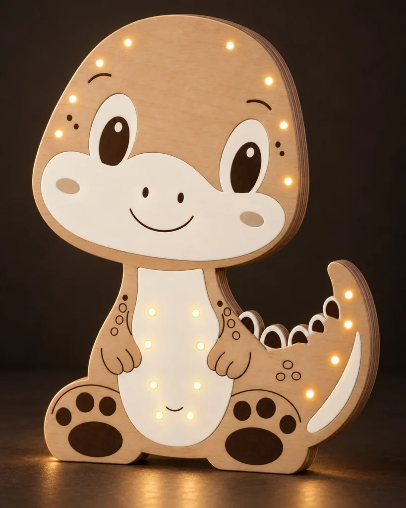 Lampka nocna Dinuś - uśmiechnięty dinozaur z kremowymi detalami i ciepłymi punktami światła